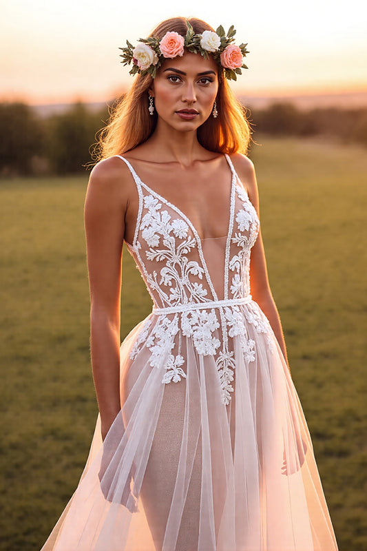 Boho Tulle White Spaghetti Straps Sweep Train Wedding Dress with Lace