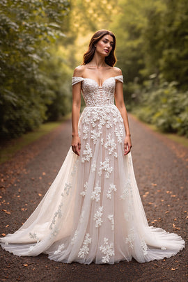 Floral White Off the Shoulder Sweep Train Wedding Dress with Appliques