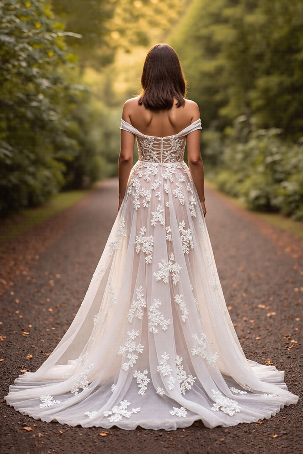 Floral White Off the Shoulder Sweep Train Wedding Dress with Appliques