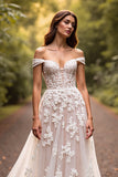 Floral White Off the Shoulder Sweep Train Wedding Dress with Appliques