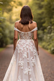Floral White Off the Shoulder Sweep Train Wedding Dress with Appliques