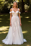 Floral White Corset Sweep Train Wedding Dress with Appliques
