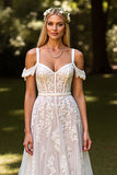 Floral White Corset Sweep Train Wedding Dress with Appliques