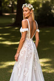 Floral White Corset Sweep Train Wedding Dress with Appliques