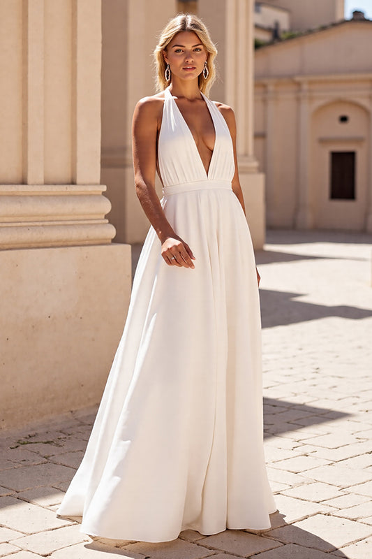 Simple Halter White Sweep Train Satin Wedding Dress
