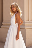 Simple Halter White Sweep Train Satin Wedding Dress