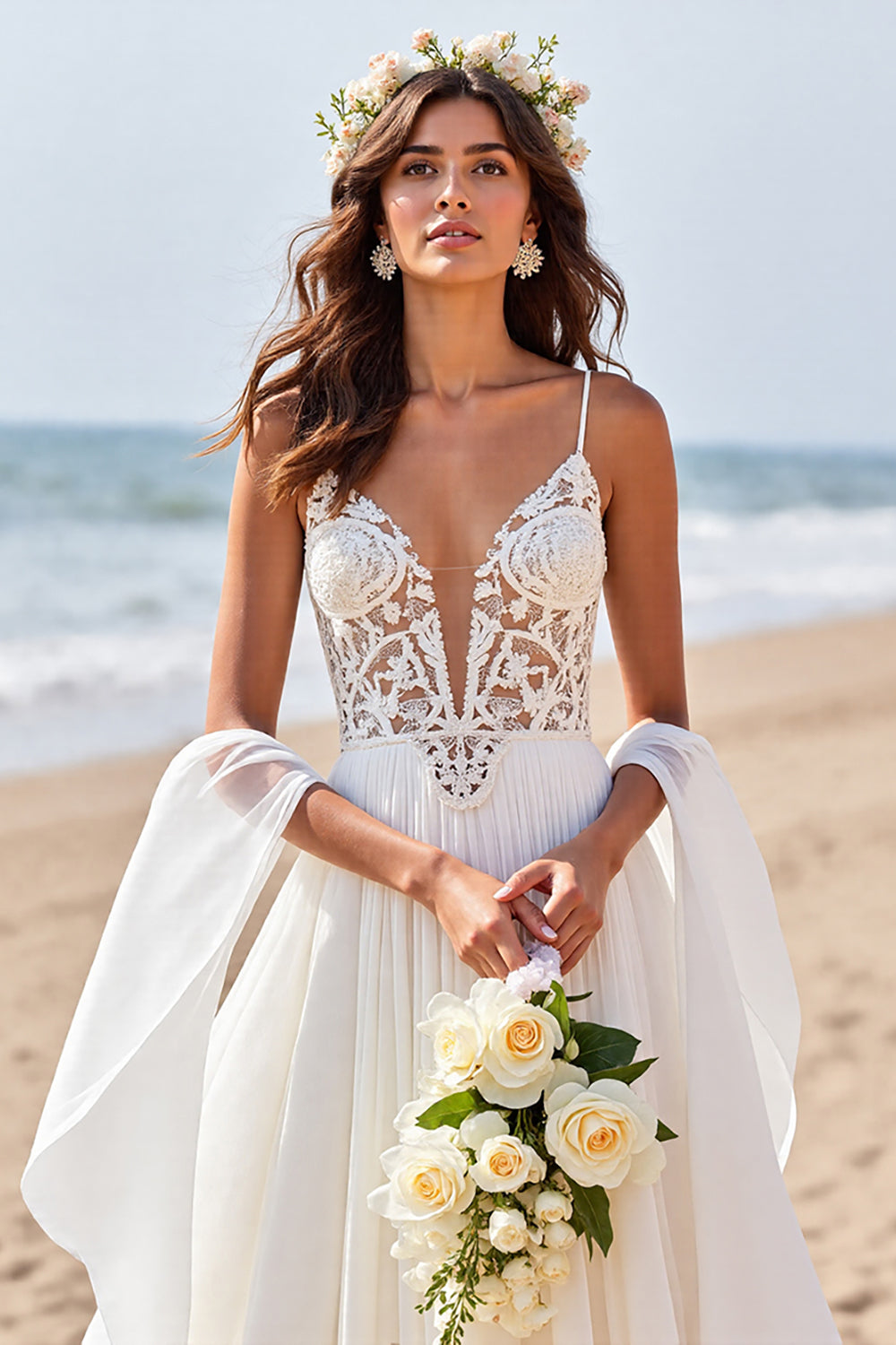 Chiffon A Line Beach Sweep Train Wedding Dress with Lace