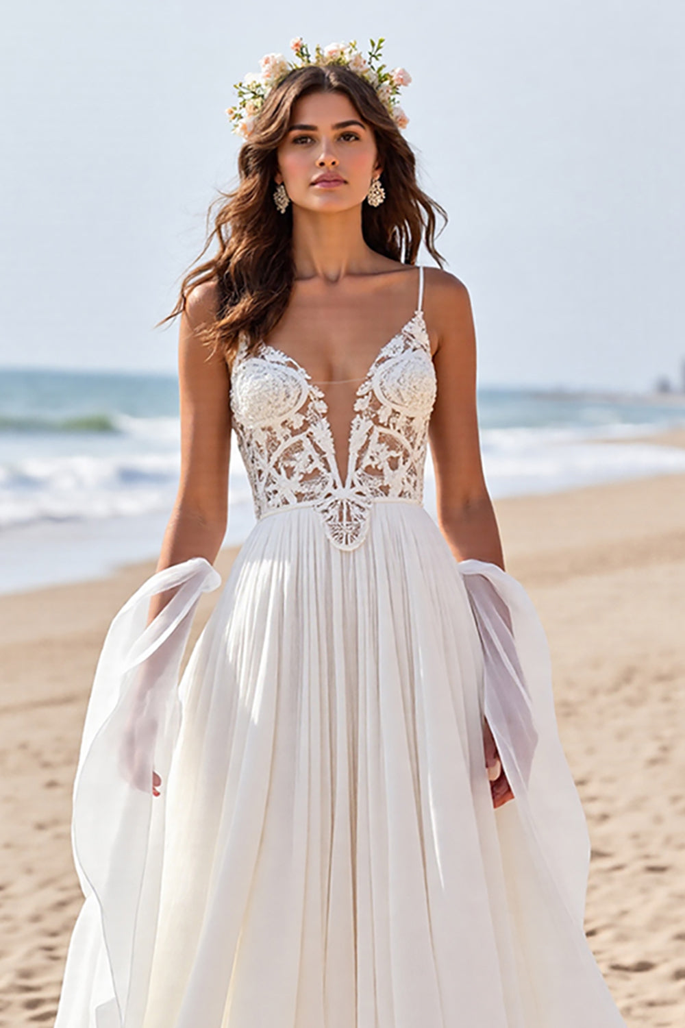 Chiffon A Line Beach Sweep Train Wedding Dress with Lace