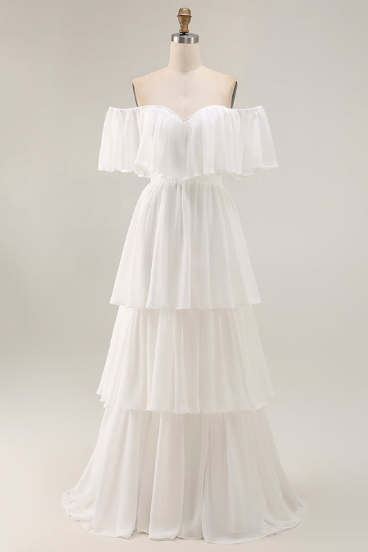 White Chiffon Off the Shoulder Tiered Boho Sweep Train Wedding Dress