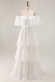 White Chiffon Tiered Off the Shoulder Boho Sweep Train Wedding Dress