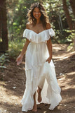 White Chiffon Tiered Off the Shoulder Boho Sweep Train Wedding Dress