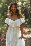 White Chiffon Tiered Off the Shoulder Boho Sweep Train Wedding Dress