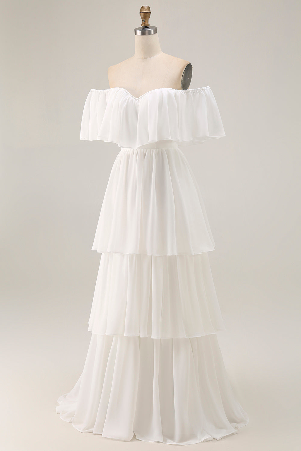 White Chiffon Off the Shoulder Tiered Boho Sweep Train Wedding Dress