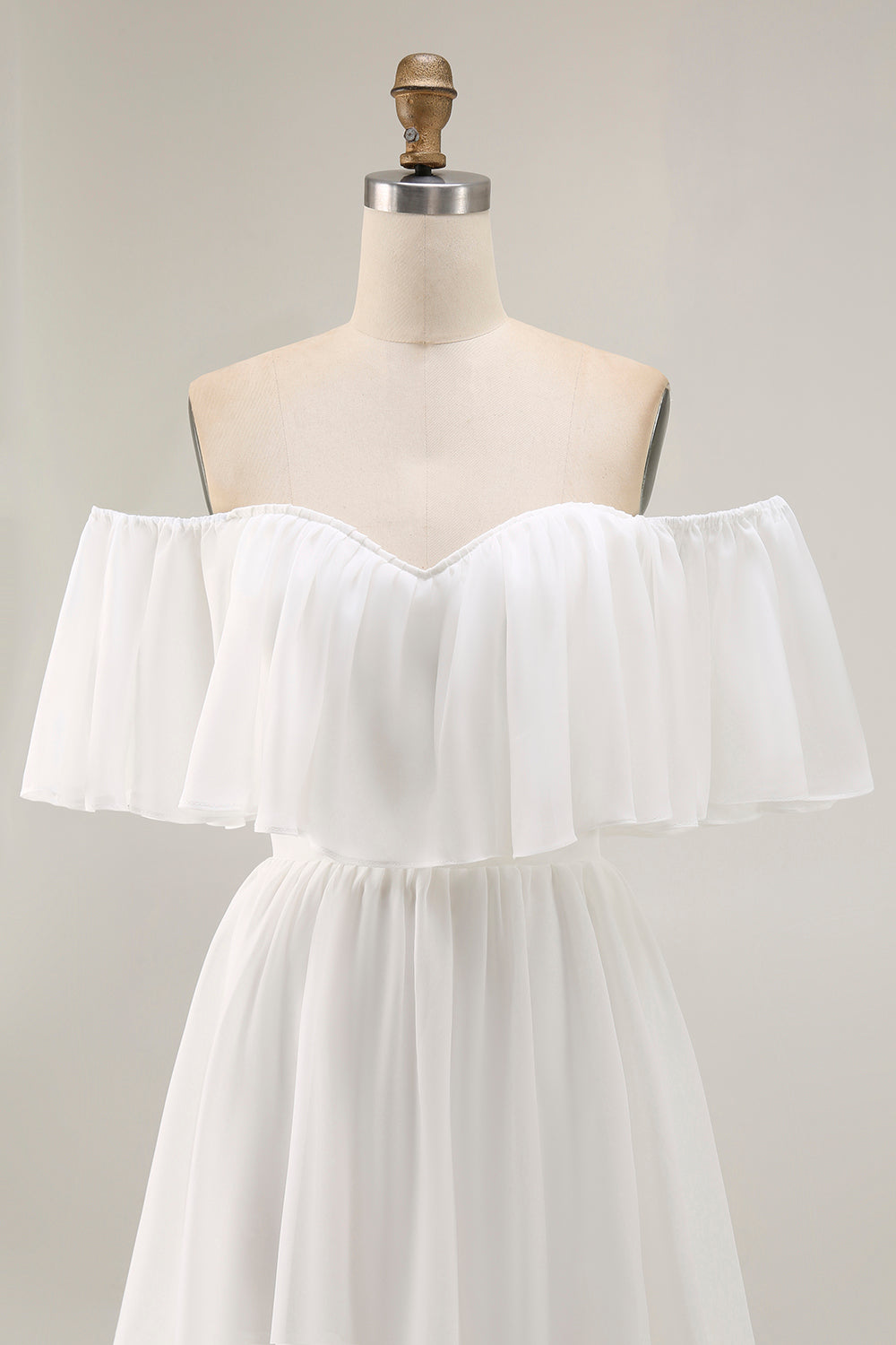 White Chiffon Off the Shoulder Tiered Boho Sweep Train Wedding Dress