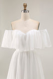 White Chiffon Off the Shoulder Tiered Boho Sweep Train Wedding Dress