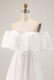 White Chiffon Off the Shoulder Tiered Boho Sweep Train Wedding Dress