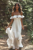 White Chiffon Tiered Boho Sweep Train Wedding Dress with Keyhole