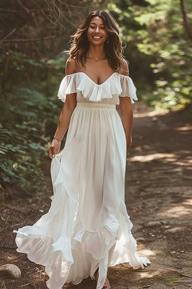 Chiffon White Boho Sweep Train Wedding Dress with Ruffles