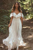 Chiffon White Boho Sweep Train Wedding Dress with Ruffles