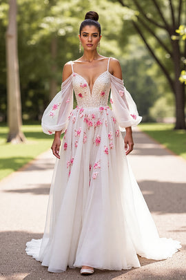 Floral Tulle White Cold Shoulder Sweep Train Wedding Dress with Sleeves