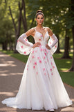 Floral Tulle White Cold Shoulder Sweep Train Wedding Dress with Sleeves