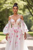 Floral Tulle White Cold Shoulder Sweep Train Wedding Dress with Sleeves