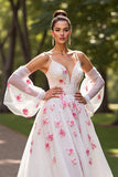 Floral Tulle White Cold Shoulder Sweep Train Wedding Dress with Sleeves