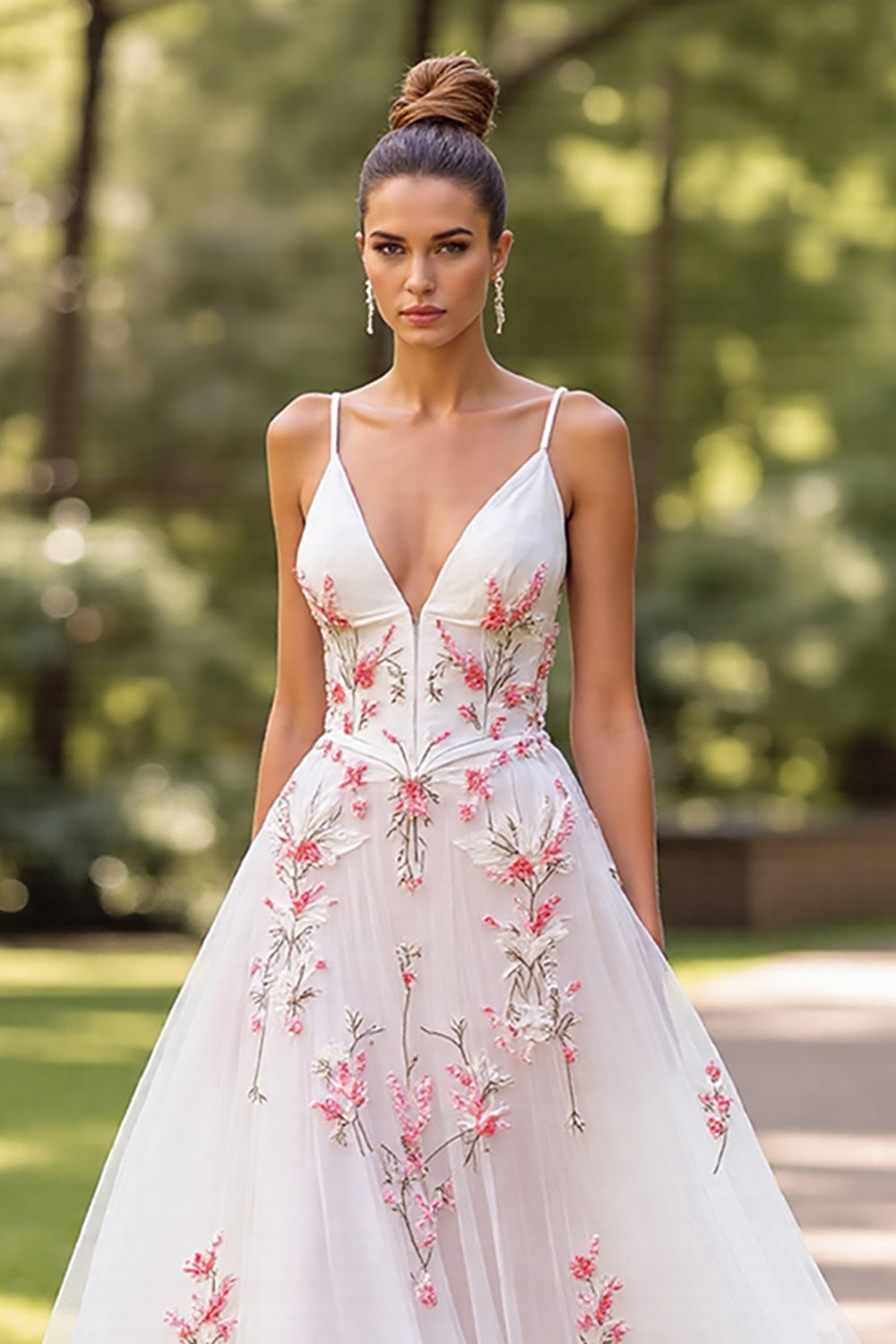 Floral Tulle White Spaghetti Straps Sweep Train Wedding Dress