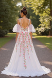 Floral Corset White V-Neck Sweep Train Wedding Dress