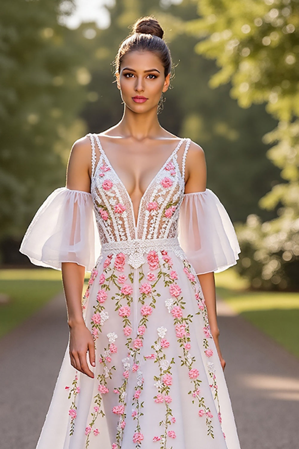 Floral Corset White V-Neck Sweep Train Wedding Dress