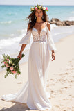 Chiffon Boho Cold Shoulder White Sweep Train Wedding Dress with Sleeves