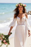 Chiffon Boho Cold Shoulder White Sweep Train Wedding Dress with Sleeves