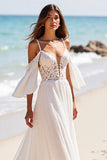 Chiffon Boho Cold Shoulder White Sweep Train Wedding Dress with Sleeves