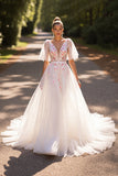 Floral White Half Sleeves Sweep Train Wedding Dress with Appliques