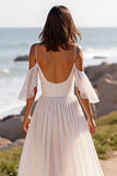 White Chiffon Boho Sweep Train Wedding Dress with Ruffles