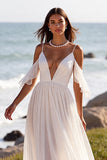 White Chiffon Boho Sweep Train Wedding Dress with Ruffles