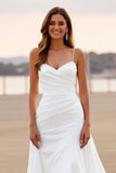 White Satin Ruched Sheath High-Low Wedding Dress