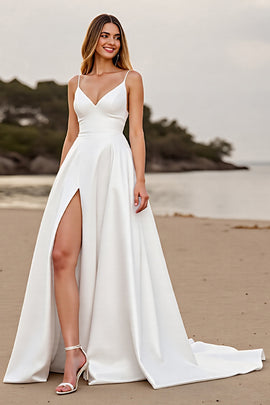 Satin Spaghetti Straps White A Line Sweep Train Wedding Dress with Slit
