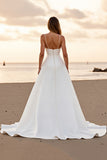 Satin Spaghetti Straps White A Line Sweep Train Wedding Dress with Slit