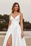 Satin Spaghetti Straps White A Line Sweep Train Wedding Dress with Slit