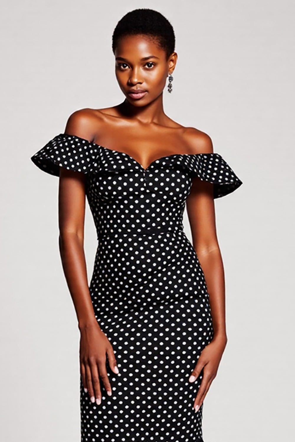 Zapaka Women Black White Polka Dots Dress Ruffled Off The Shoulder Mermaid Long Evening Dress, Black White Dot / US8