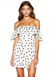 White and Black Off the Shoulder Tight Short Polka Dot Dress with Slit