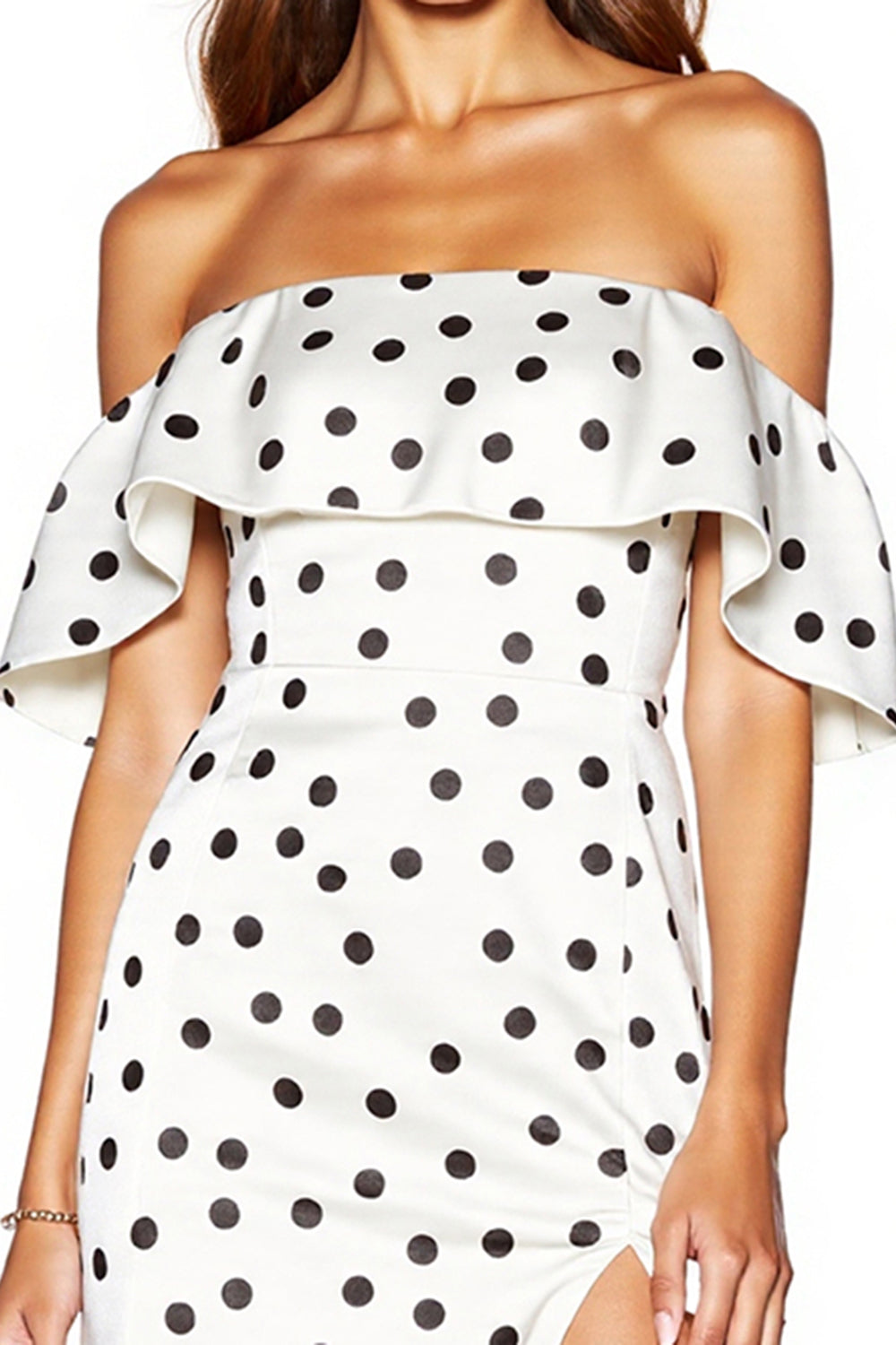 White and Black Off the Shoulder Tight Short Polka Dot Dress with Slit