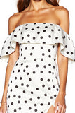 White and Black Off the Shoulder Tight Short Polka Dot Dress with Slit
