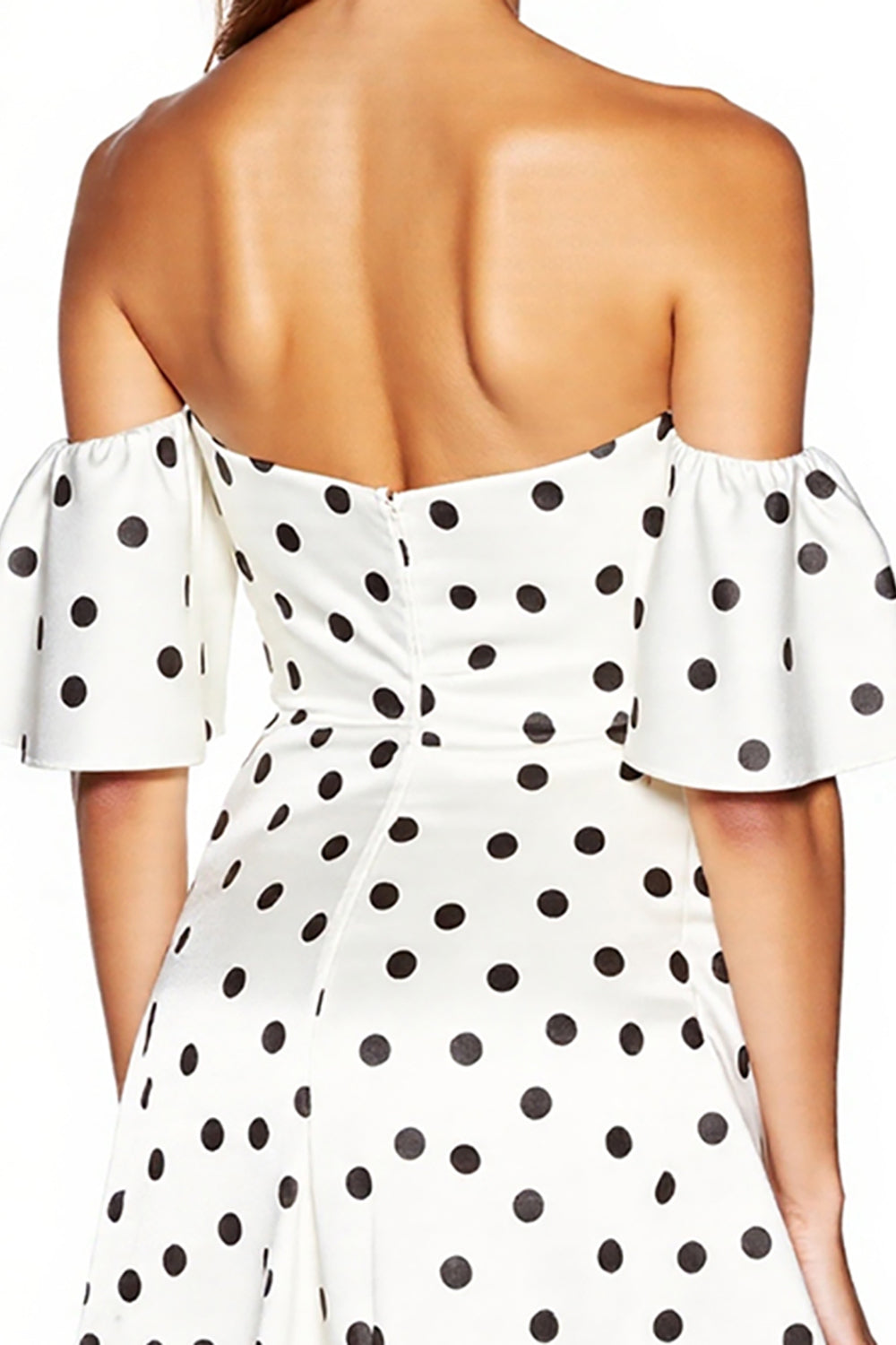 White and Black Off the Shoulder Tight Short Polka Dot Dress with Slit