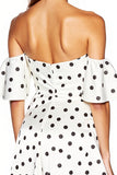 White and Black Off the Shoulder Tight Short Polka Dot Dress with Slit