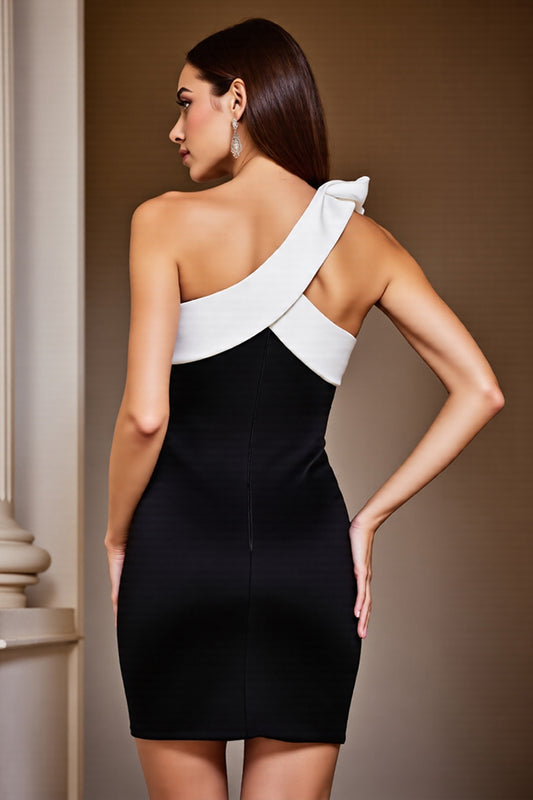 Black and White Patchwork Short Cocktail Dress with Bow