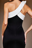Black and White Patchwork Short Cocktail Dress with Bow