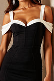 Black and White Patchwork Corset Satin Cold Shoulder Tight Short Cocktail Dress