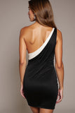 Black and White Patchwork One Shoulder Tight Short Cocktail Dress with Bow